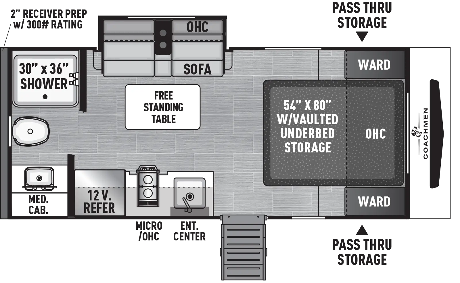 The Freedom Express Select 18SE floorplan has one entry and one slide out. Exterior features include: fiberglass exterior and 14' awning. Interiors features include: front bedroom and rear bathroom.